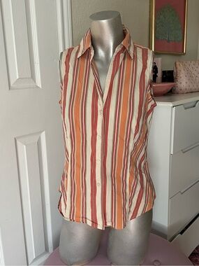 Harold's Orange & Creme Strip Sleeveless Button-Up Top